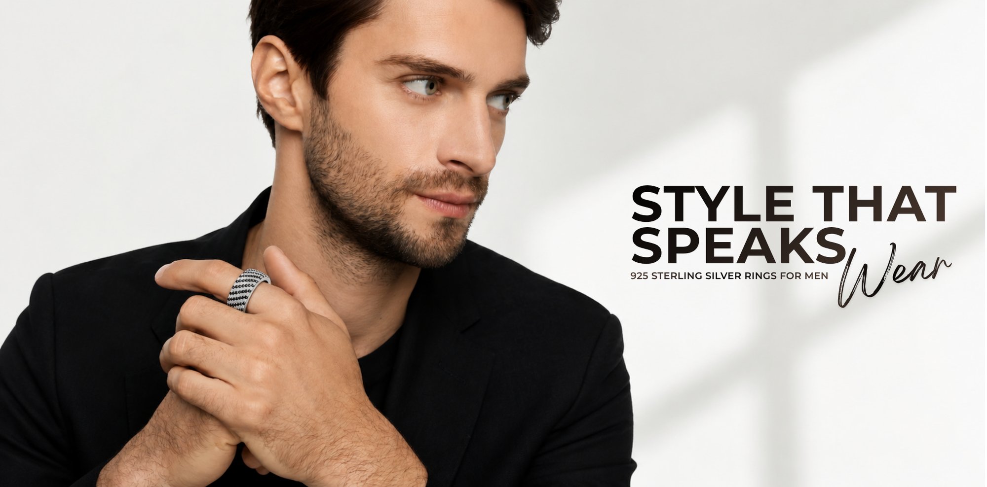 Man wearing a bold 925 silver ring for men with Style That Speaks banner by Zilgi Jewels