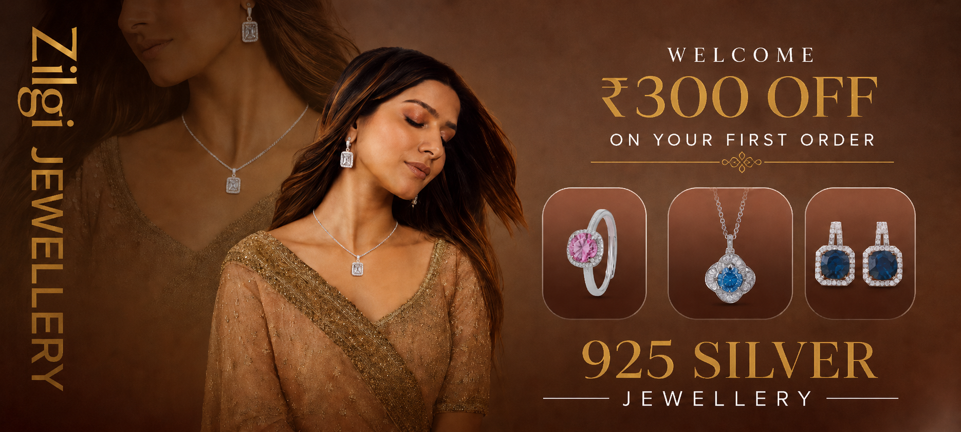 925 silver jewellery offer banner with ₹300 off first order at Zilgi Jewels featuring rings, earrings, pendant and bracelet