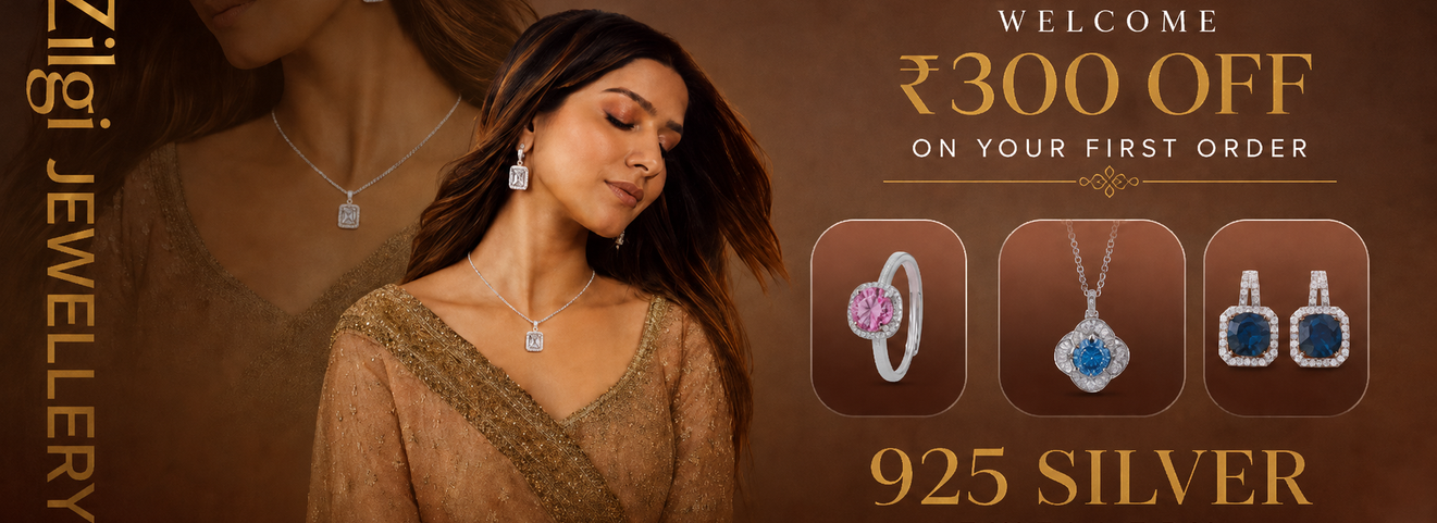 925 silver jewellery offer banner with ₹300 off first order at Zilgi Jewels featuring rings, earrings, pendant and bracelet