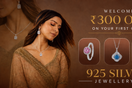 925 silver jewellery offer banner with ₹300 off first order at Zilgi Jewels featuring rings, earrings, pendant and bracelet