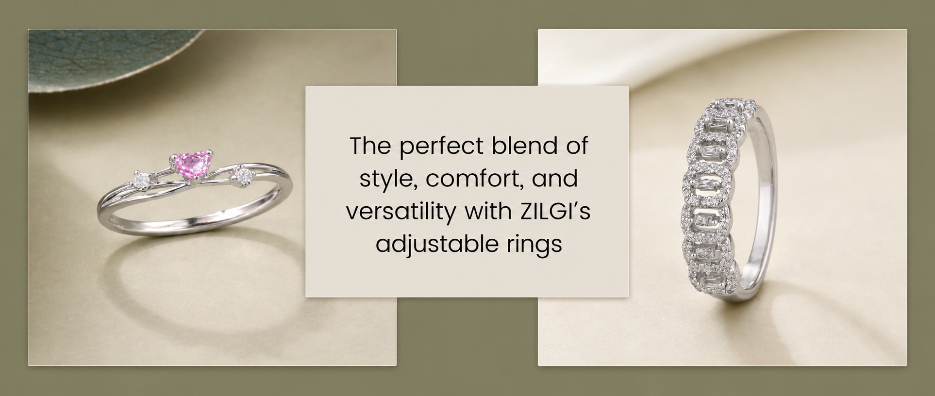 ZILGI adjustable rings with 925 sterling silver pink heart stone ring and CZ diamond look silver ring for women
