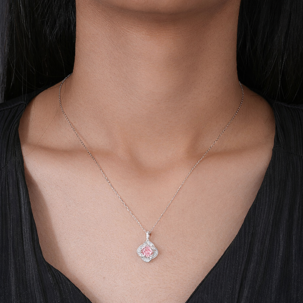 Cushion Diamond Floral Design in 925 Sterling Silver Pendant Chain for Women