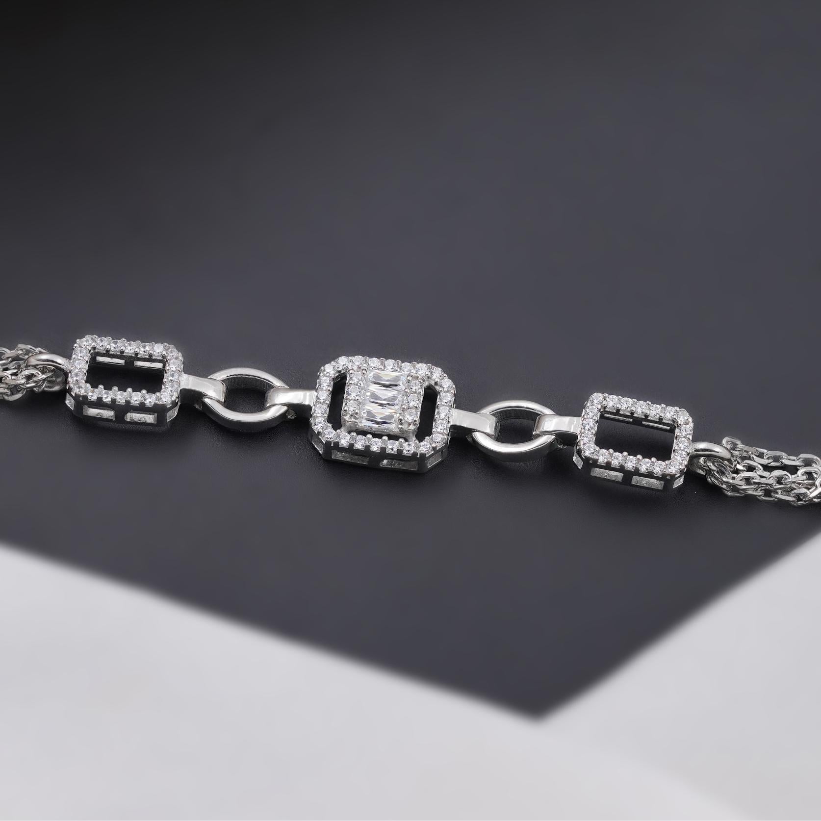 Geometric CZ Link 925 Sterling Silver Bracelet for Women