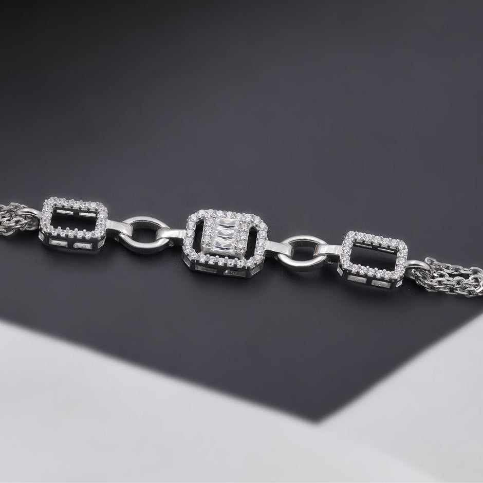 Geometric CZ Link 925 Sterling Silver Bracelet for Women