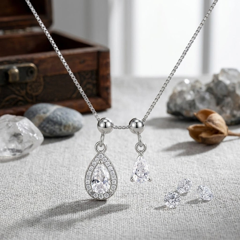 Rose Gold Teardrop CZ 925 Sterling Silver Pendant Chain for Women