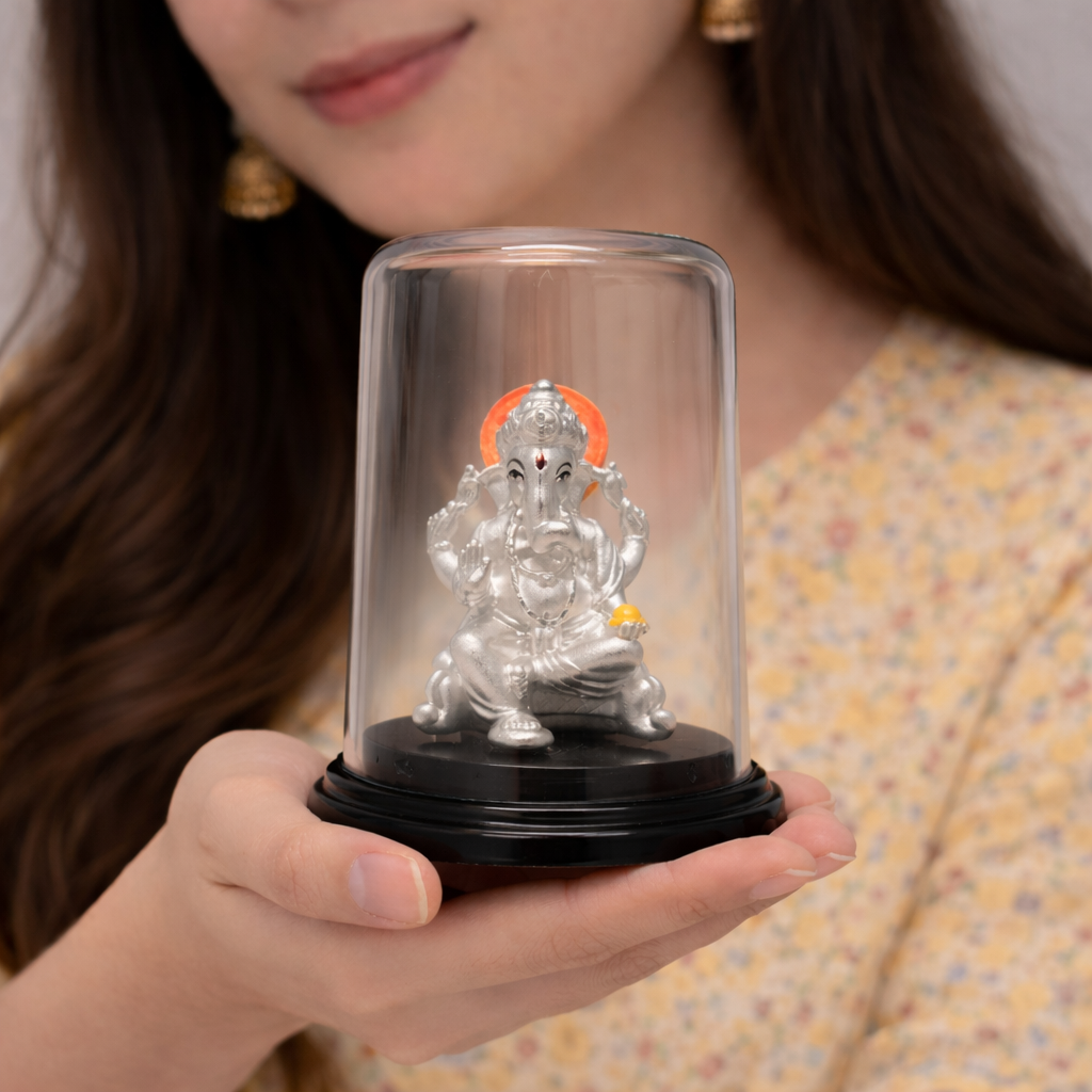 Shree Ganesha Pure Silver Idol with Display Dome