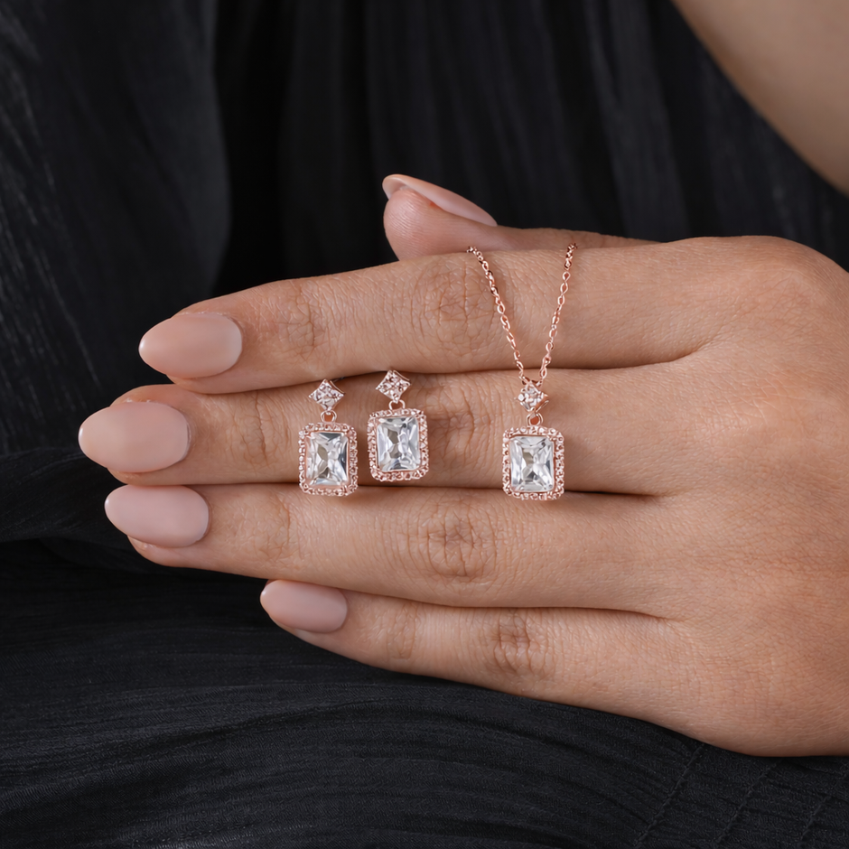 Cubic Zirconia Diamond CZ 925 Sterling Silver Rose Gold Pendant Set for Women