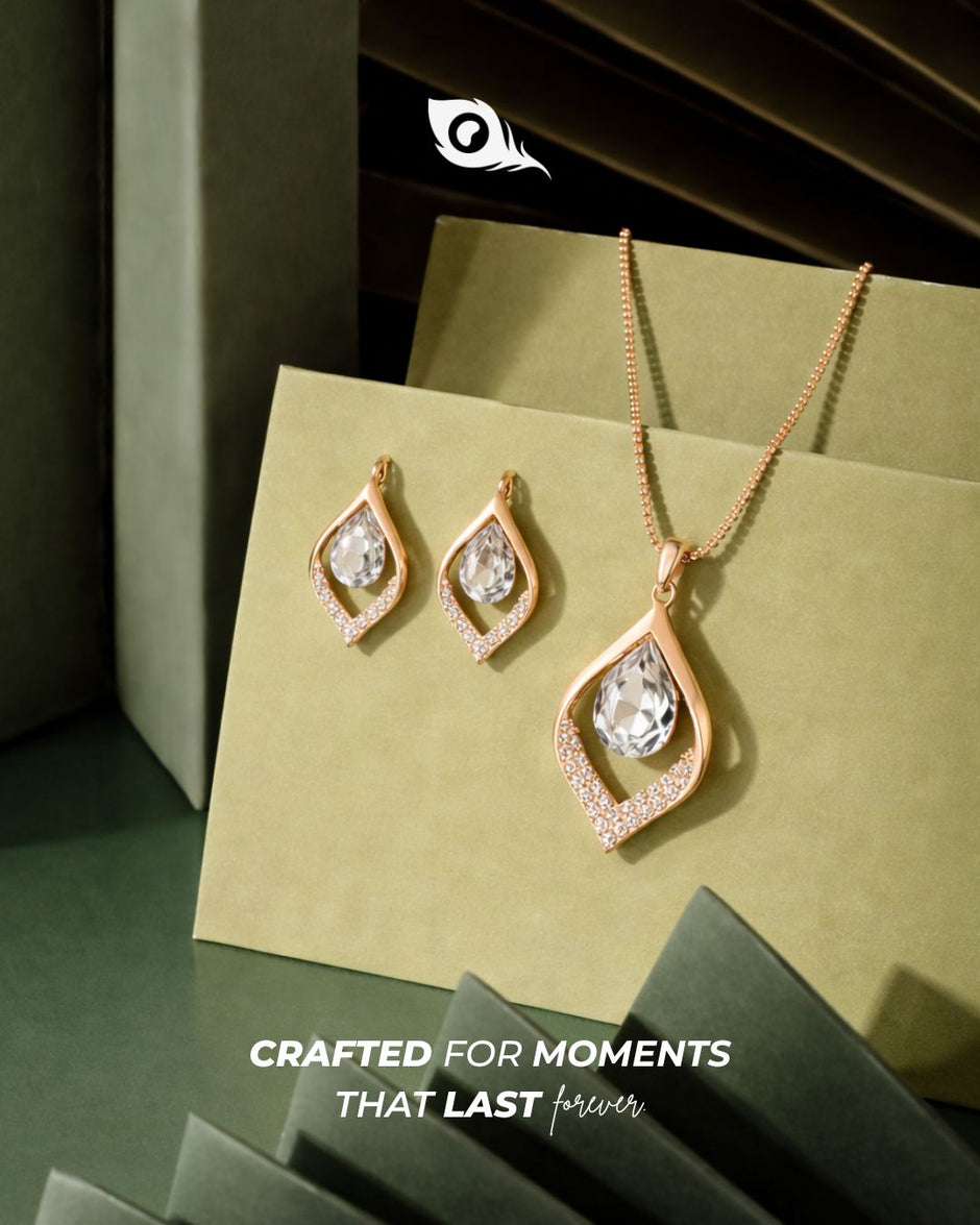 Leaf Pear Drop CZ 925 Silver Rose Gold Pendant Set