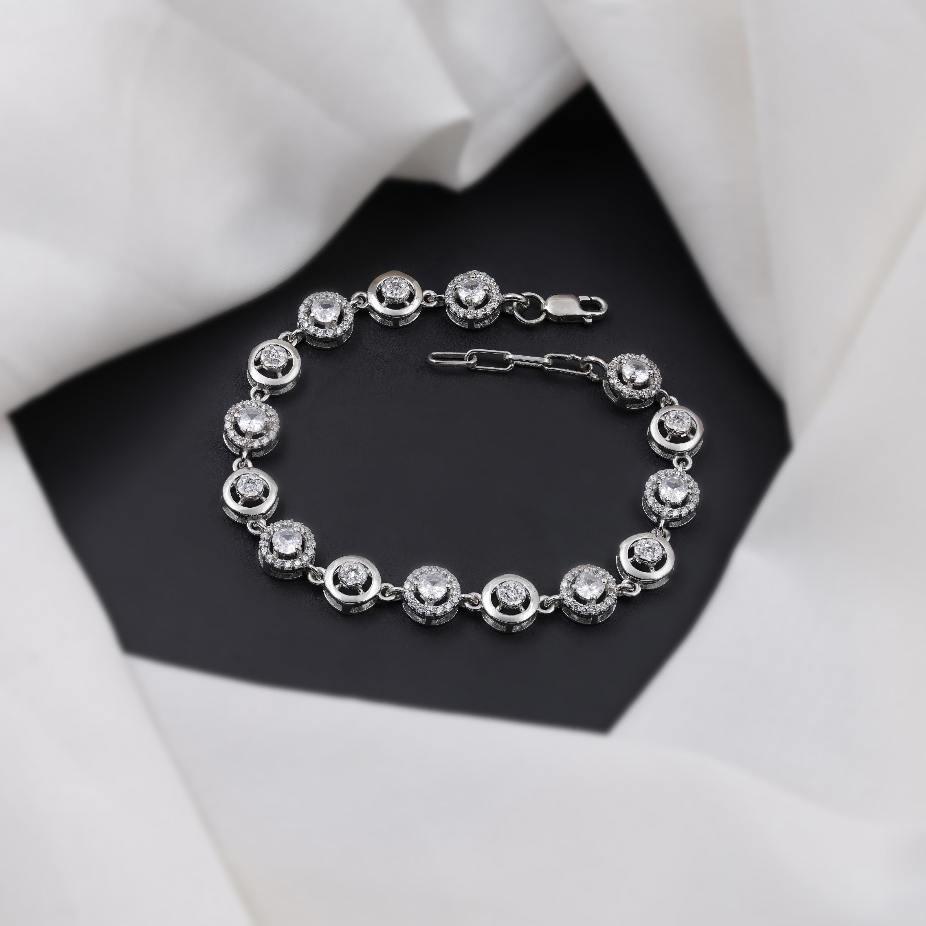 Circular Halo CZ 925 Sterling Silver Adjustable  Bracelet for Women