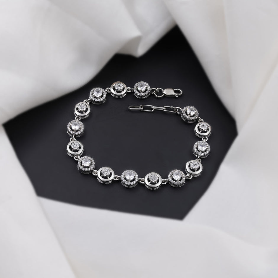Circular Halo CZ 925 Sterling Silver Adjustable  Bracelet for Women
