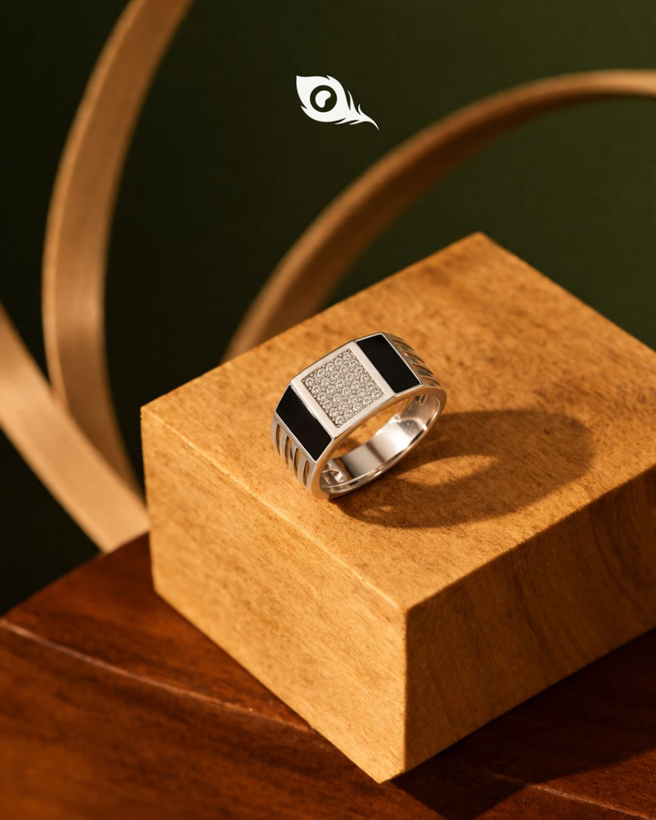 Dual Black enamel Strip cz Diamond 925 Sterling Silver Ring for men