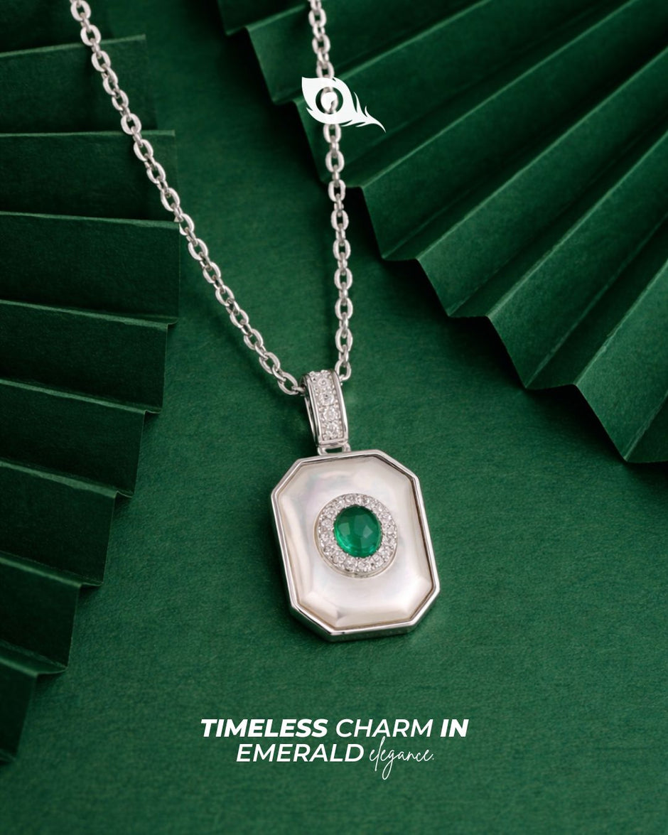 Geometric Emerald Glow Diamond 925 Sterling Silver Pendant Necklace for Women