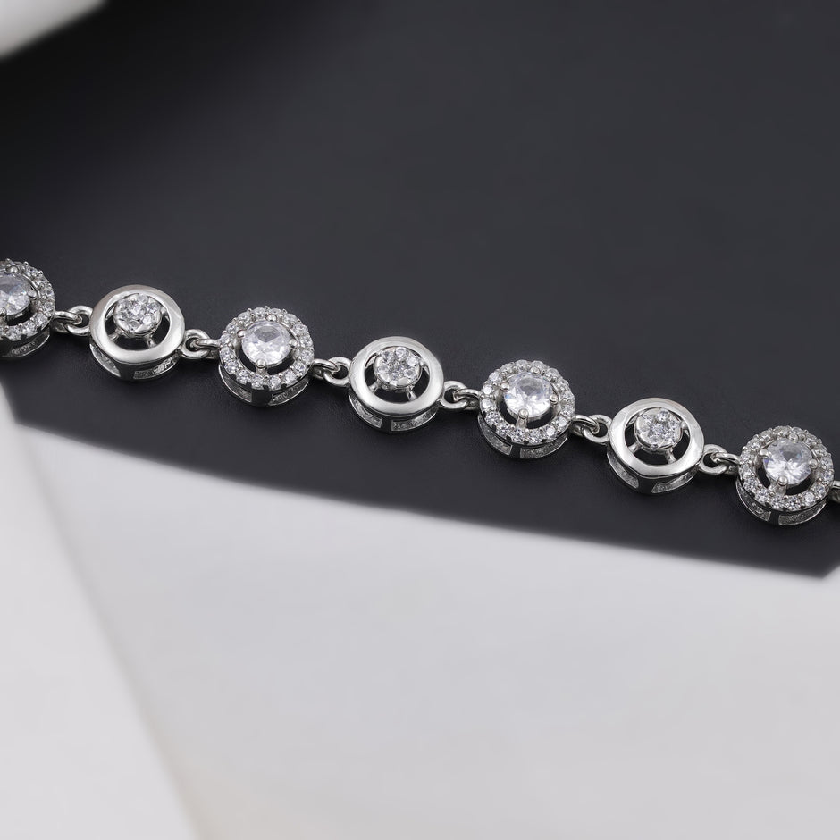 Circular Halo CZ 925 Sterling Silver Adjustable  Bracelet for Women