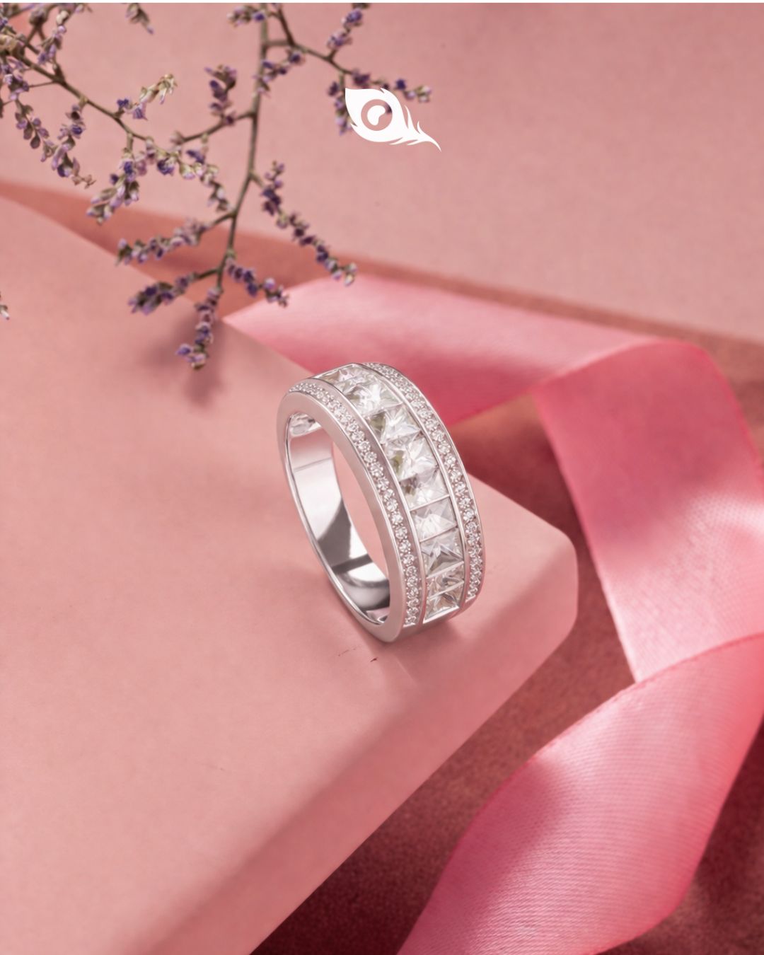 Silver Diamond Wedding Band Ring on Hand