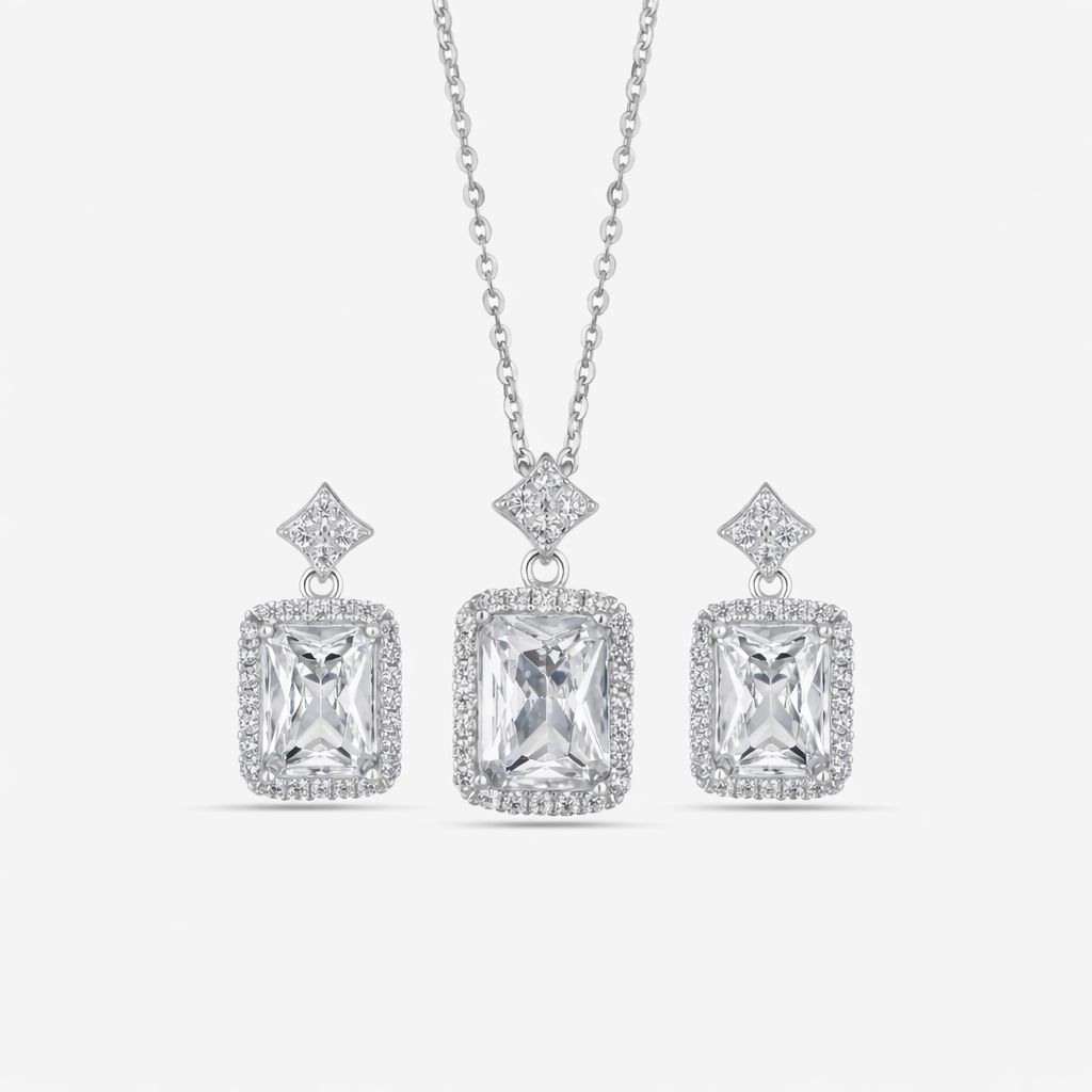 Square Design Cushion Cut Diamond CZ 925 Sterling Silver Pendant Set for Women