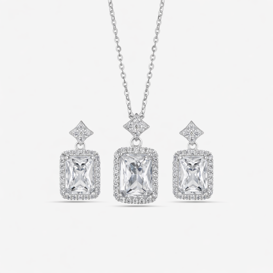 Square Design Cushion Cut Diamond CZ 925 Sterling Silver Pendant Set for Women