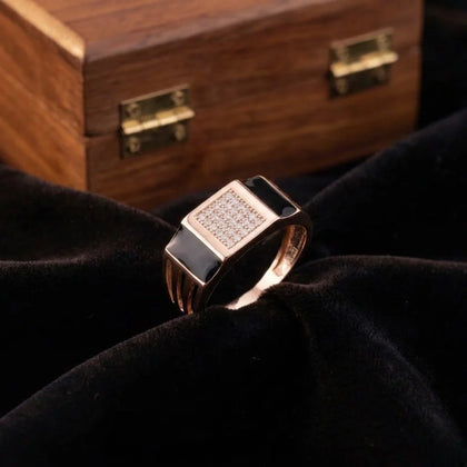 Rose Gold Rectangle Black CZ 925 Sterling Silver Ring for Men