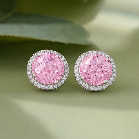 Pink Diamond Round Design 925 Sterling Silver Stud Earrings for Women