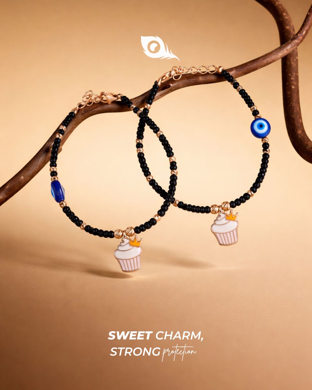 Crowned Cupcake Evil Eye Beaded 925 Sterling Silver Rose Gold Kid's Bracelet