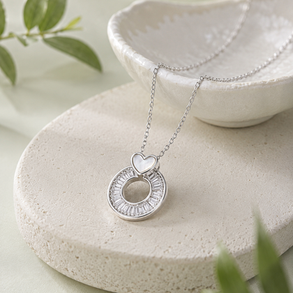 Circle Heart Diamond 925 Sterling Silver Pendant Chain for Women
