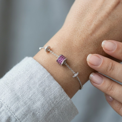 925 Sterling Silver Pink Pavé Barrel Charm Bracelet for Women