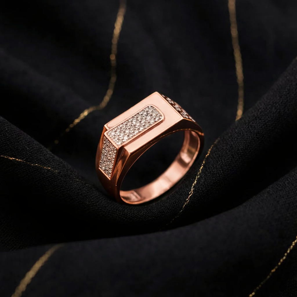 Square Diamond Statement 925 Sterling Silver Rose Gold Ring for Men