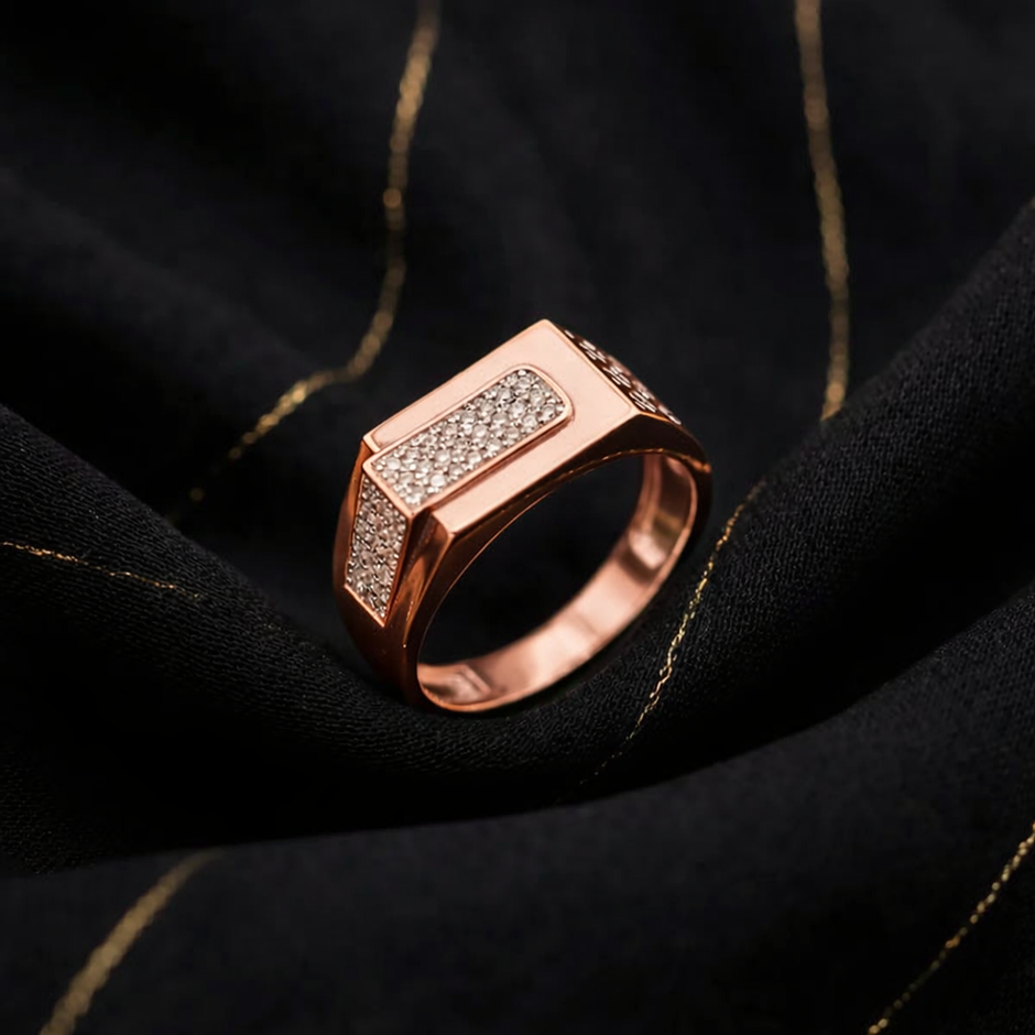 Square Diamond Statement 925 Sterling Silver Rose Gold Ring for Men