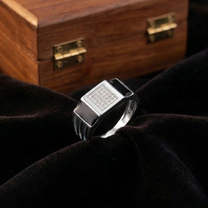 Silver Rectangle Black CZ 925 Sterling Silver Ring for Men
