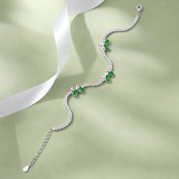 Green Stone Flutter leaf Diamond Bracelet in 925 Sterling Silver Bracelet for Women