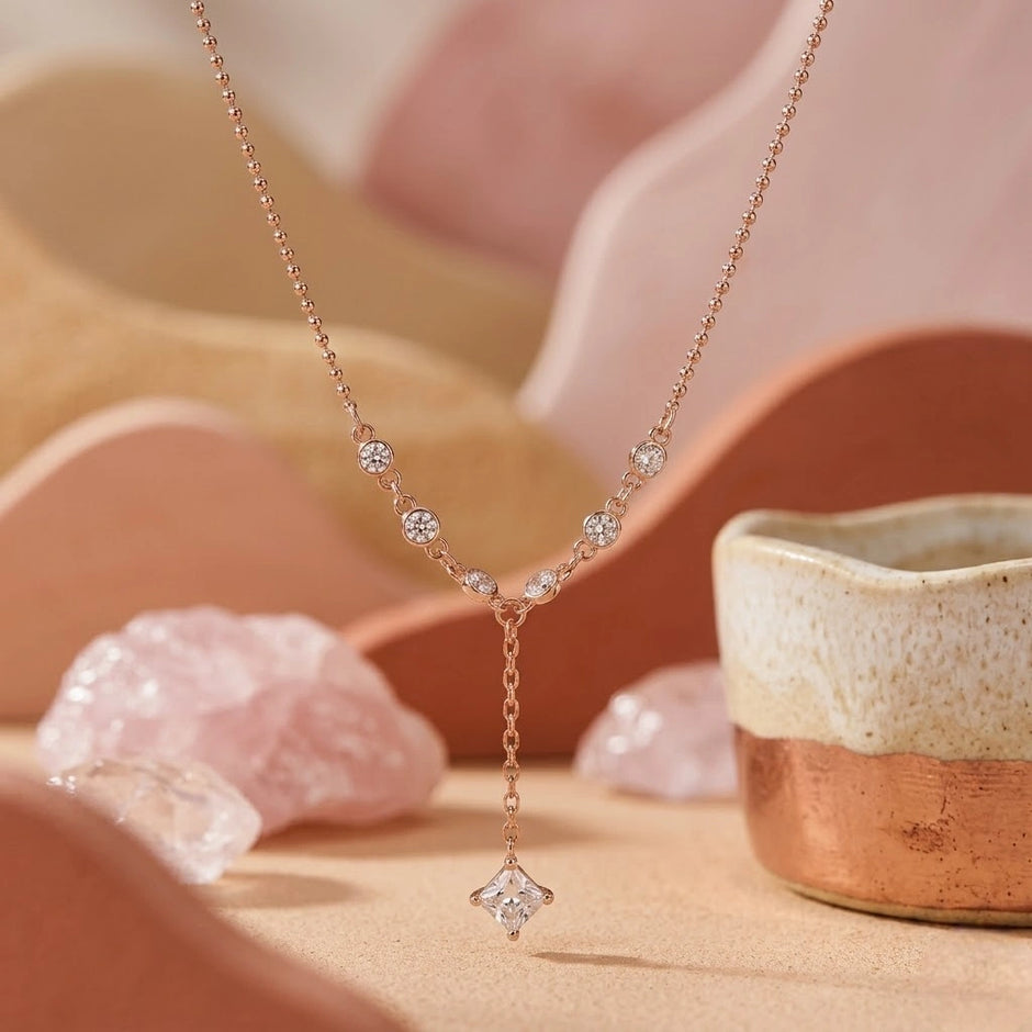 Rose Gold Drop CZ 925 Sterling Silver Chain Pendant for Women