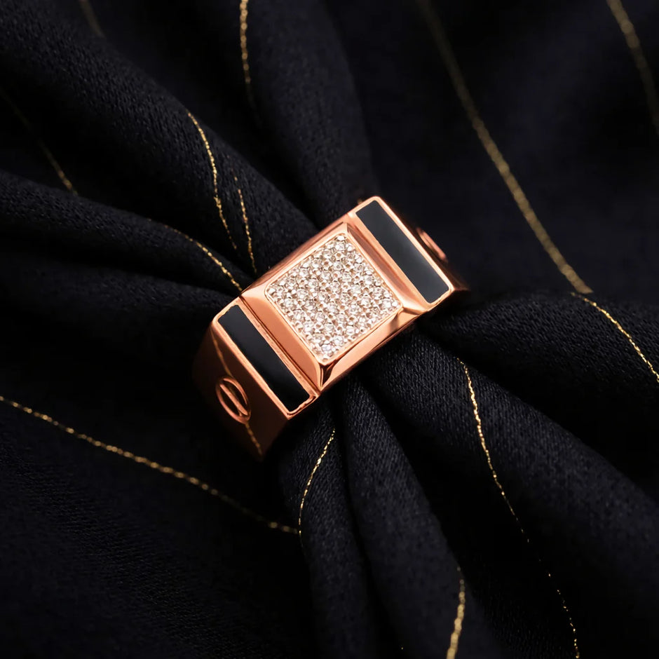 Rose Gold Rectangle Black CZ 925 Sterling Silver Ring for Men