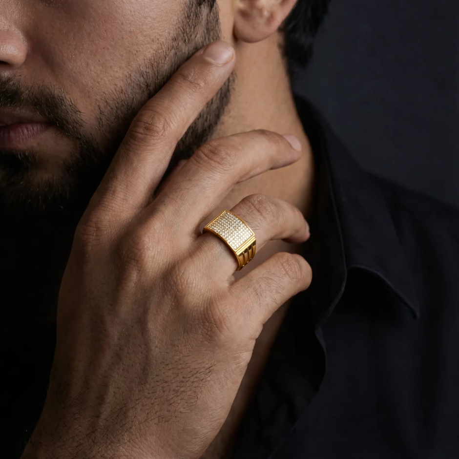 Pave Diamond Statement 925 Sterling Silver Yellow Gold Ring for Men