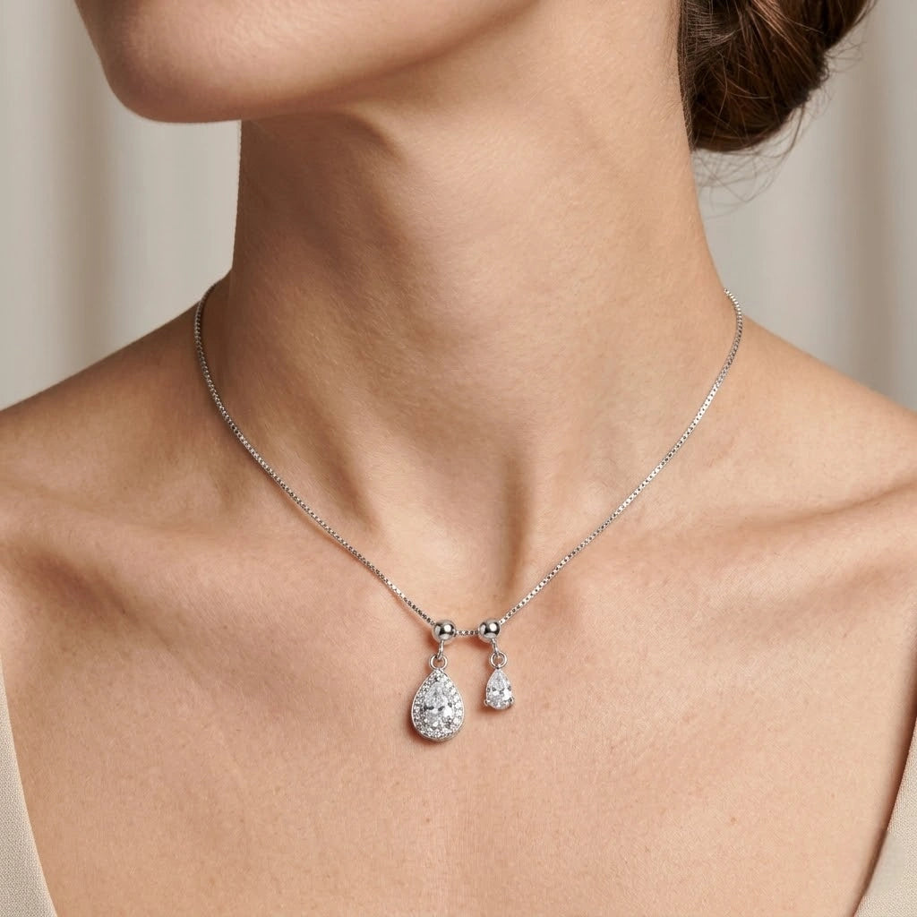 Rose Gold Teardrop CZ 925 Sterling Silver Pendant Chain for Women