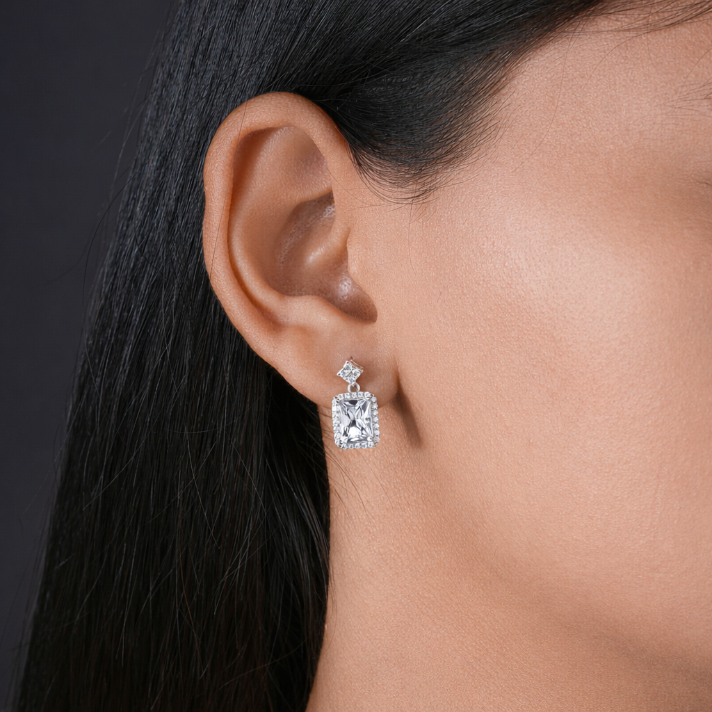 Square Design Cushion Cut Diamond CZ 925 Sterling Silver Pendant Set for Women