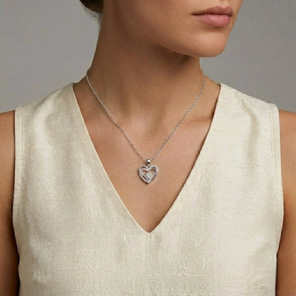 925 Sterling Silver Double Heart Necklace for Women with Sparkling Cubic Zirconia Open Heart Pendant and Round Center Stone
