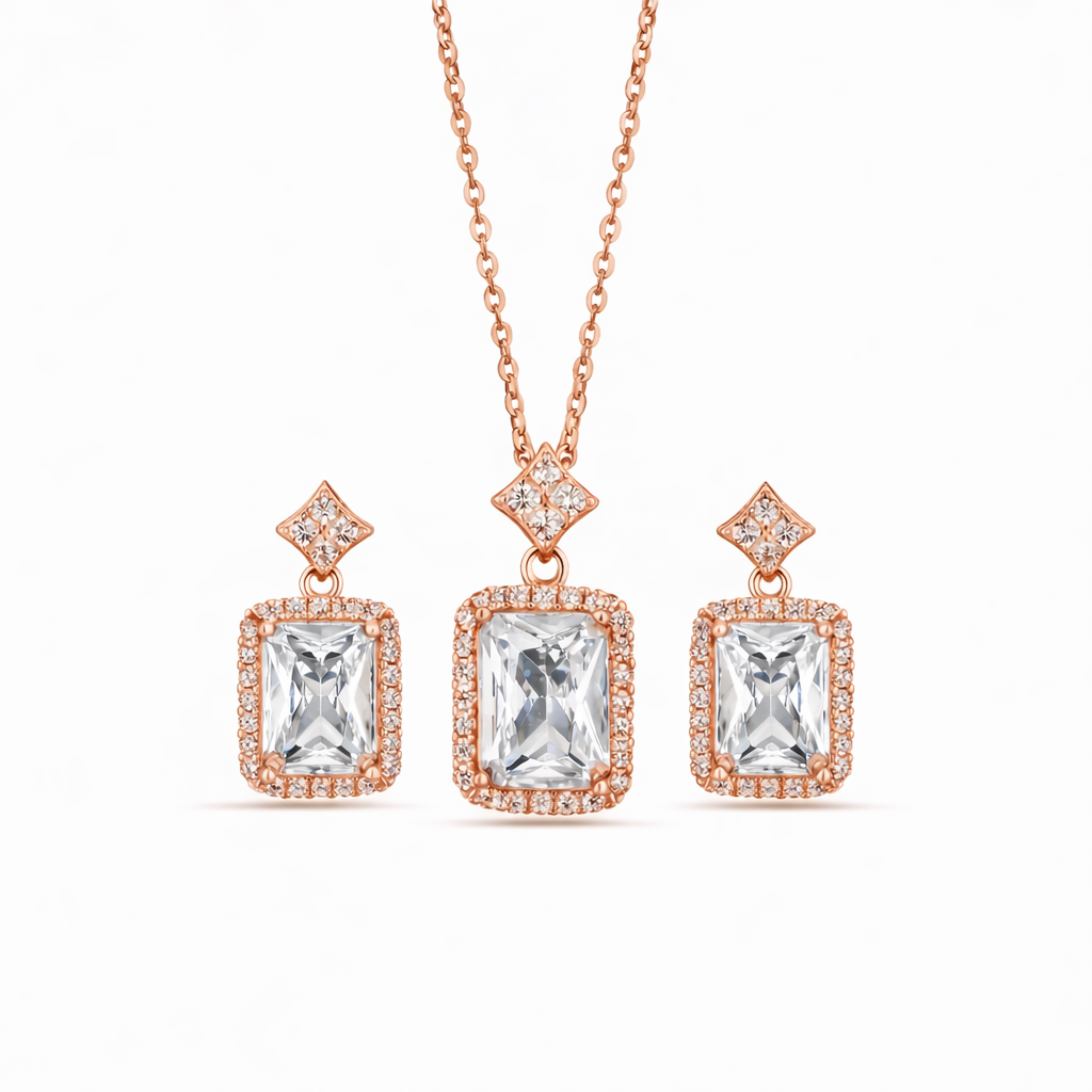 Cubic Zirconia Diamond CZ 925 Sterling Silver Rose Gold Pendant Set for Women
