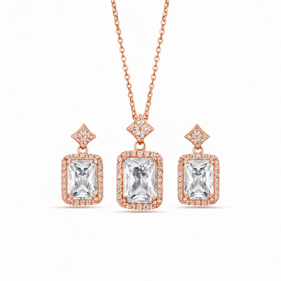 Cubic Zirconia Diamond CZ 925 Sterling Silver Rose Gold Pendant Set for Women