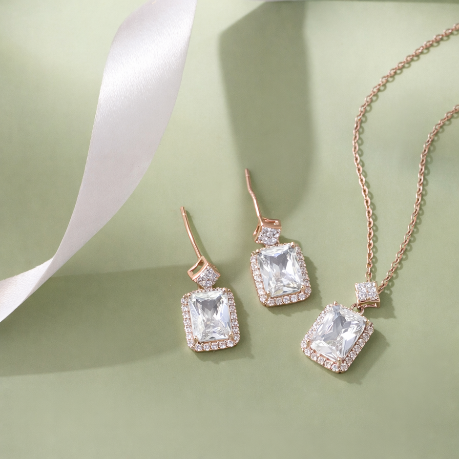 Cubic Zirconia Diamond CZ 925 Sterling Silver Rose Gold Pendant Set for Women