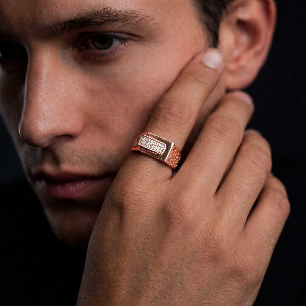 Square Diamond Statement 925 Sterling Silver Rose Gold Ring for Men