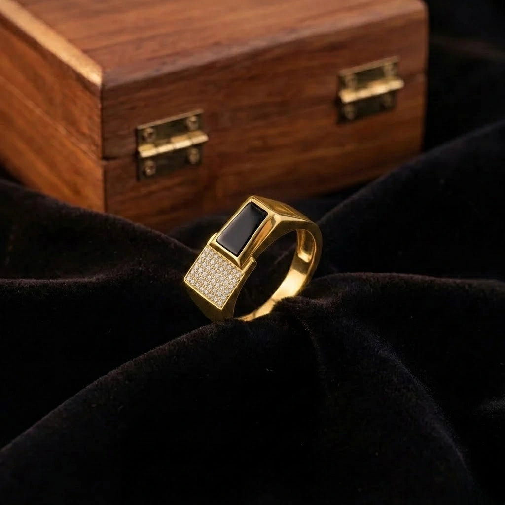Modern Gold-Tone Ring with Black Stone for Men