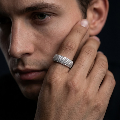Bold Luxe Diamond CZ 925 Sterling Silver Band Ring for Women | Full Pave Sparkling Wedding Band | Elegant Luxury Silver Jewellery on Hand Model