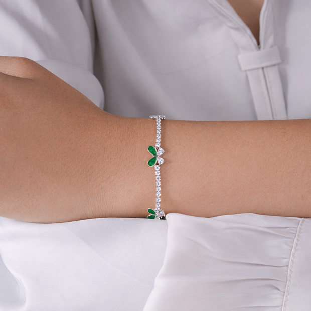 Green Stone Flutter leaf Diamond Bracelet in 925 Sterling Silver Bracelet for Women