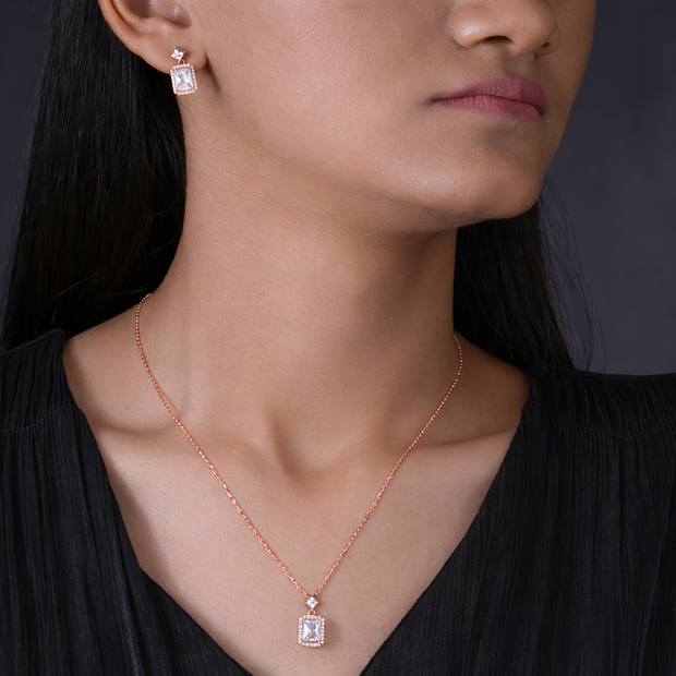 Cubic Zirconia Diamond CZ 925 Sterling Silver Rose Gold Pendant Set for Women