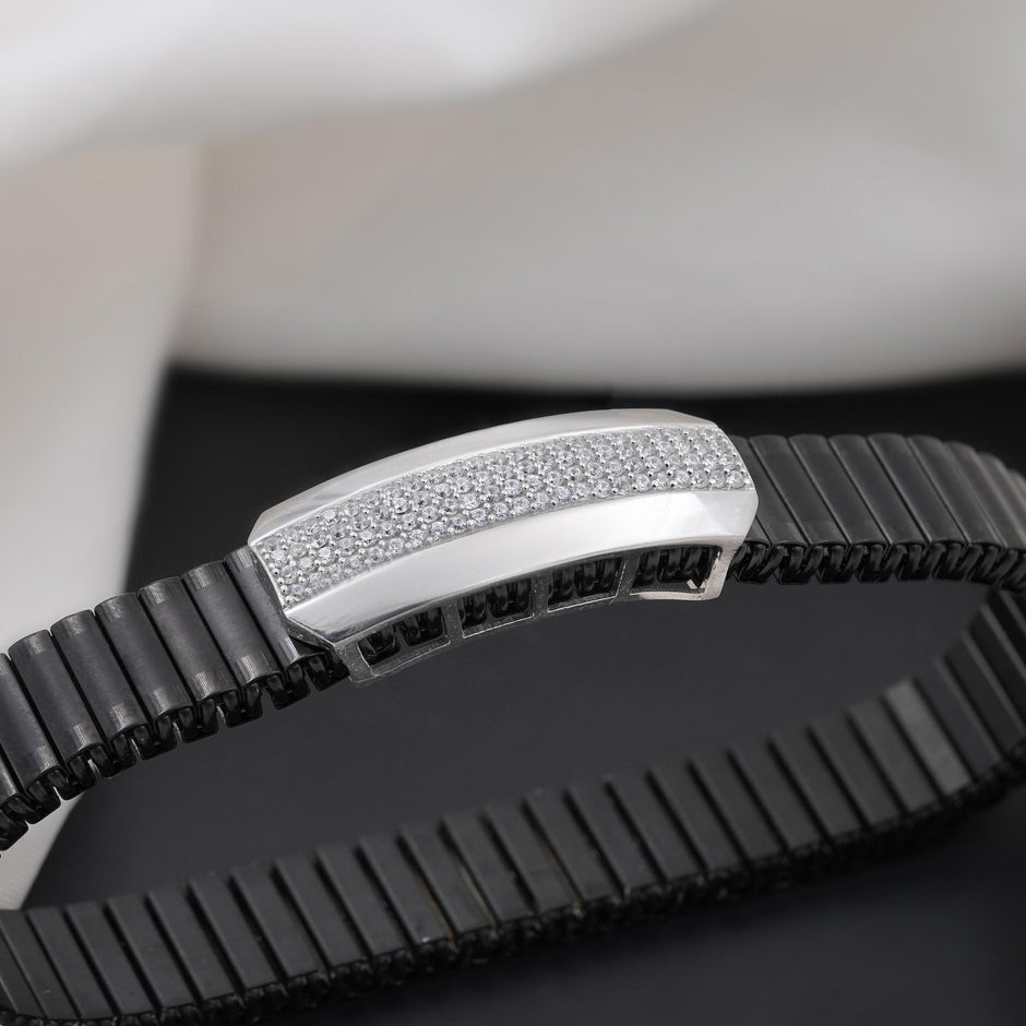 Black Bar CZ 925 Sterling Silver Rolex Bracelet for Men