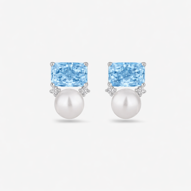Sky Blue Stone Emerald Cut Diamond 925 Sterling Silver Stud Earrings for Women