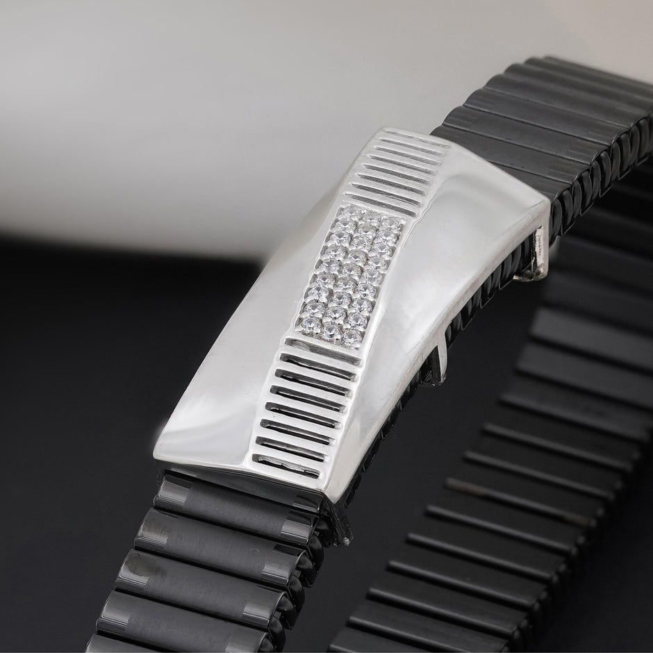 Diagonal CZ Plate Rolex-Style 925 Sterling Silver Bracelet for Men