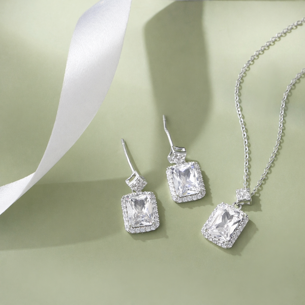 Square Design Cushion Cut Diamond CZ 925 Sterling Silver Pendant Set for Women