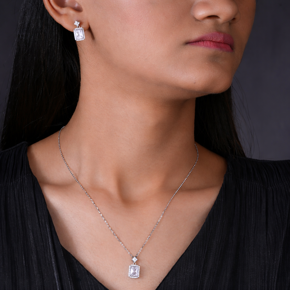 Square Design Cushion Cut Diamond CZ 925 Sterling Silver Pendant Set for Women