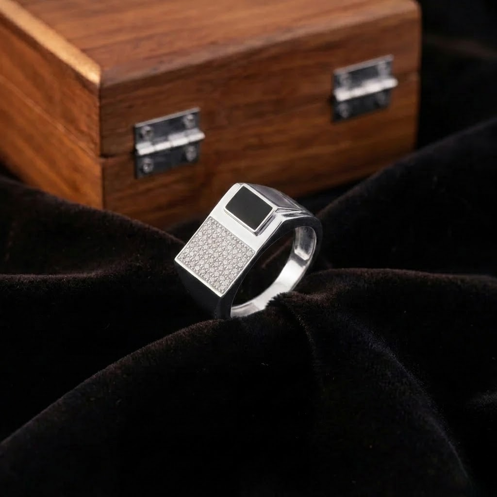 Dual Panel Black Stone & CZ Grid 925 Sterling Silver Ring for Men