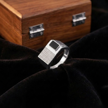 Dual Panel Black Stone & CZ Grid 925 Sterling Silver Ring for Men